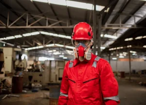 Halliburton Asbestos Trust Payments & Lawsuits 2 Industrial worker wearing protective gear inspecting machinery for asbestos exposure.
