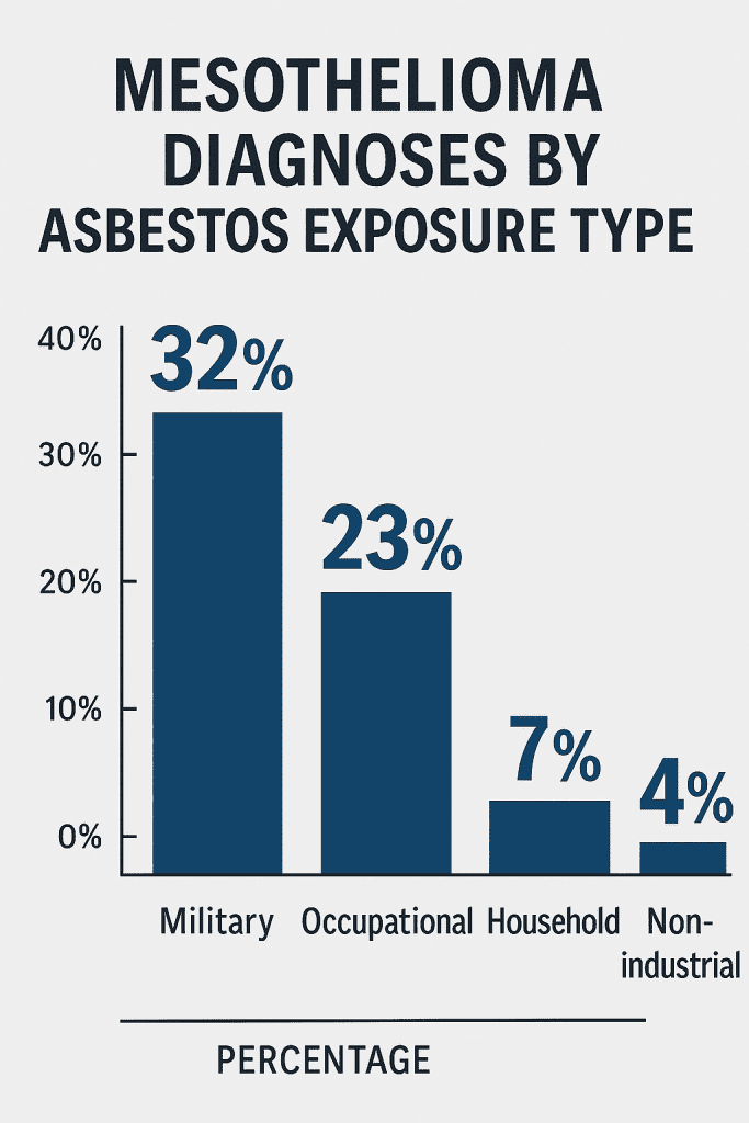 Bar chart showing percentages of mesothelioma diagnoses by asbestos exposure type, with military at 32%, occupational at 23%, household at 7%, and non-industrial at 4%.