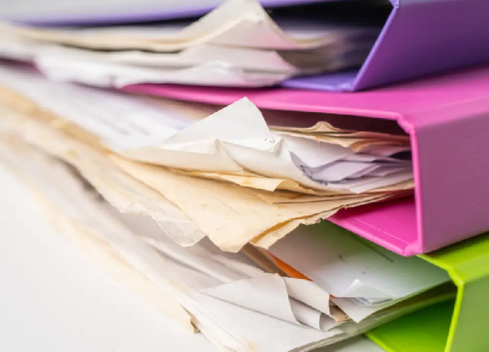A close-up of organized medical records and employment history documents in a folder on a desk.