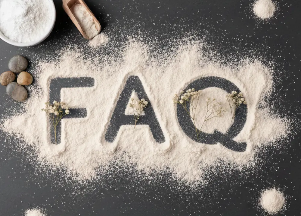 Talcum powder arranged to form the word FAQ on a surface.