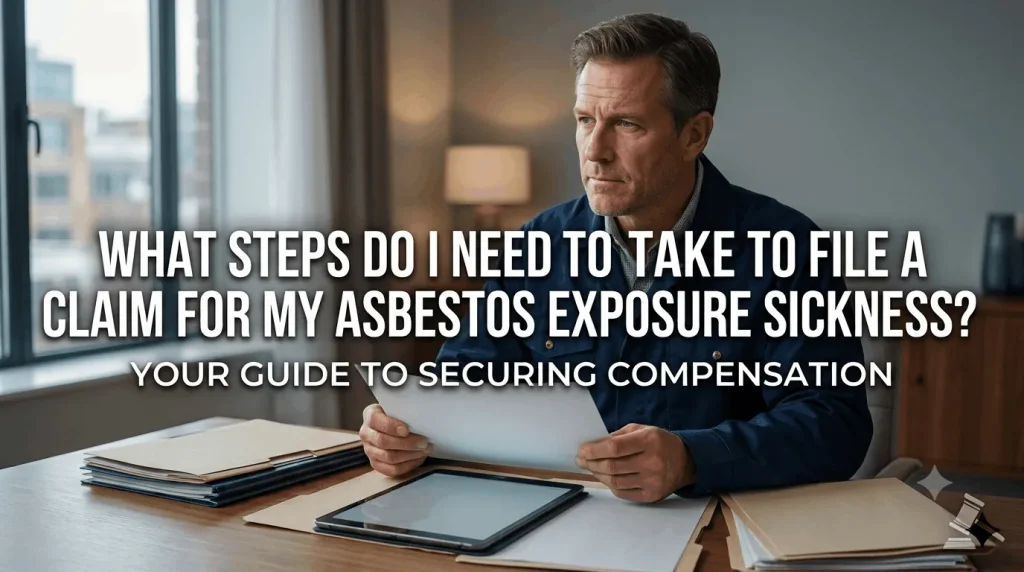 A male worker thoughtfully reviewing medical diagnostic and case files to initiate an asbestos exposure claim with a trial law firm.