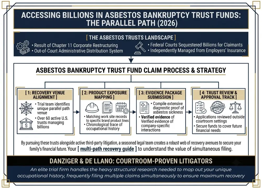 n infographic diagram tracking the parallel path of accessing asbestos bankruptcy trust funds alongside active third-party litigation, mapping out venue alignment and product exposure.