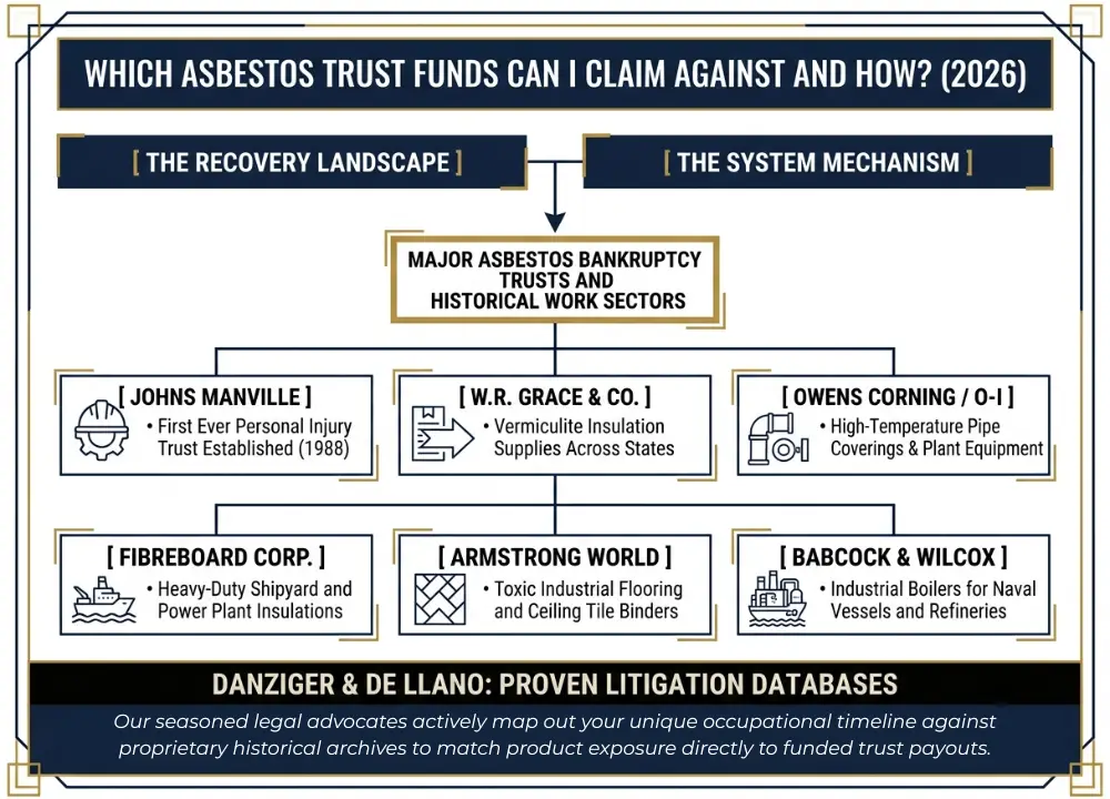 An informational chart displaying a list of active asbestos bankruptcy trust funds, including Johns Manville, W.R. Grace, and Owens Corning, detailing remaining assets and regulatory governance.
