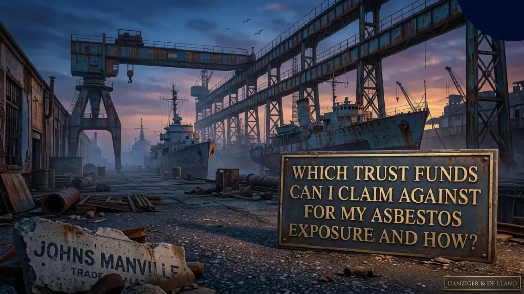 Rusted shipyard scene with ships and a broken Johns Manville slab, beside text asking which trust funds cover asbestos exposure claims