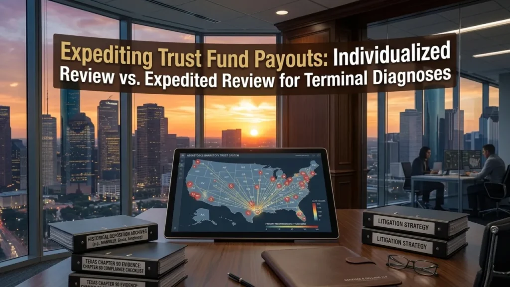 An elite corporate law office in Houston showing litigation binders and digital maps outlining a concurrent nationwide filing strategy across multiple asbestos bankruptcy trust funds.