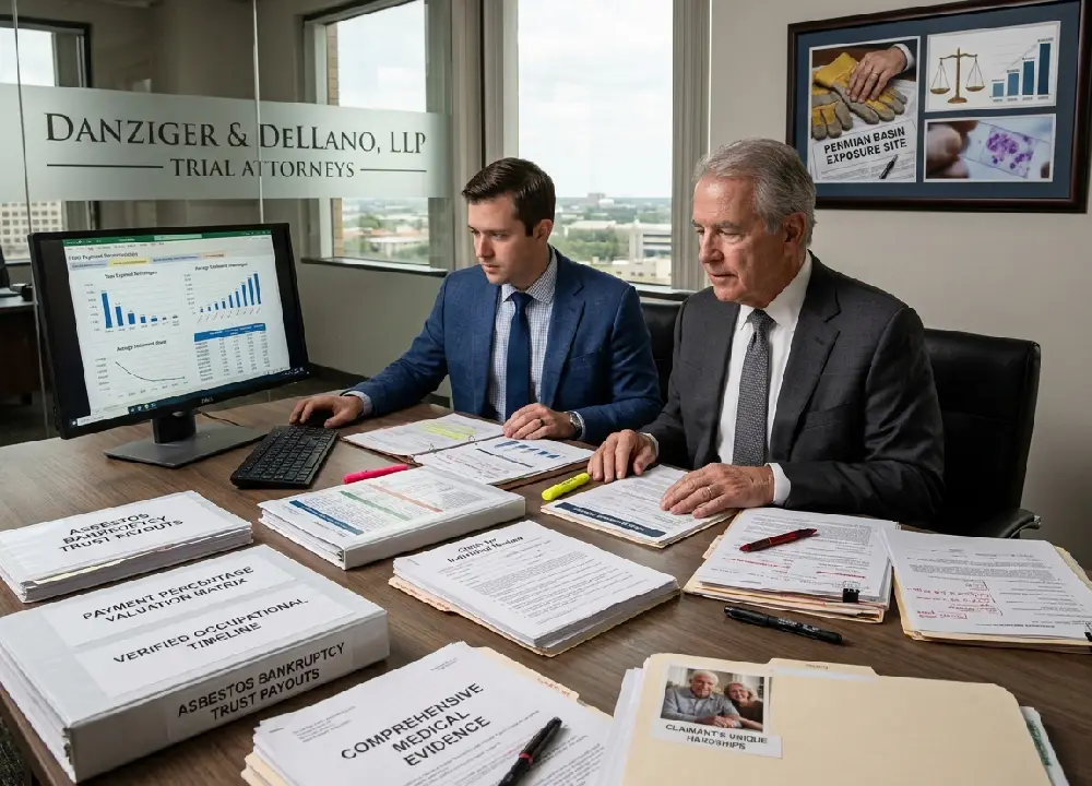 Two Danziger & DeLlano mesothelioma trial attorneys reviewing asbestos bankruptcy trust payout data and comprehensive medical evidence folders in a Houston law office.