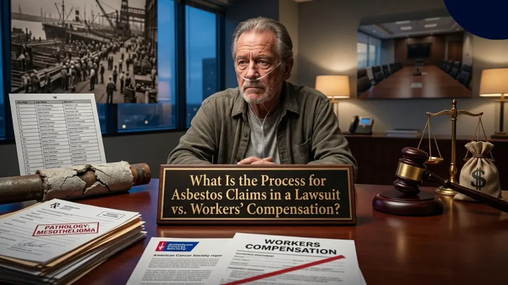 Man with an oxygen tube at a desk with legal and medical paperwork, beside a sign asking about asbestos claims: lawsuit vs. workers' compensation
