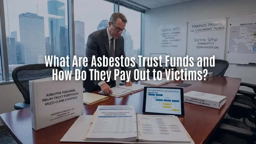 An elite trial attorney reviewing an asbestos personal injury trust portfolio and concurrent filing matrix strategies in a modern Houston law office overlooking a blurred city skyline.
