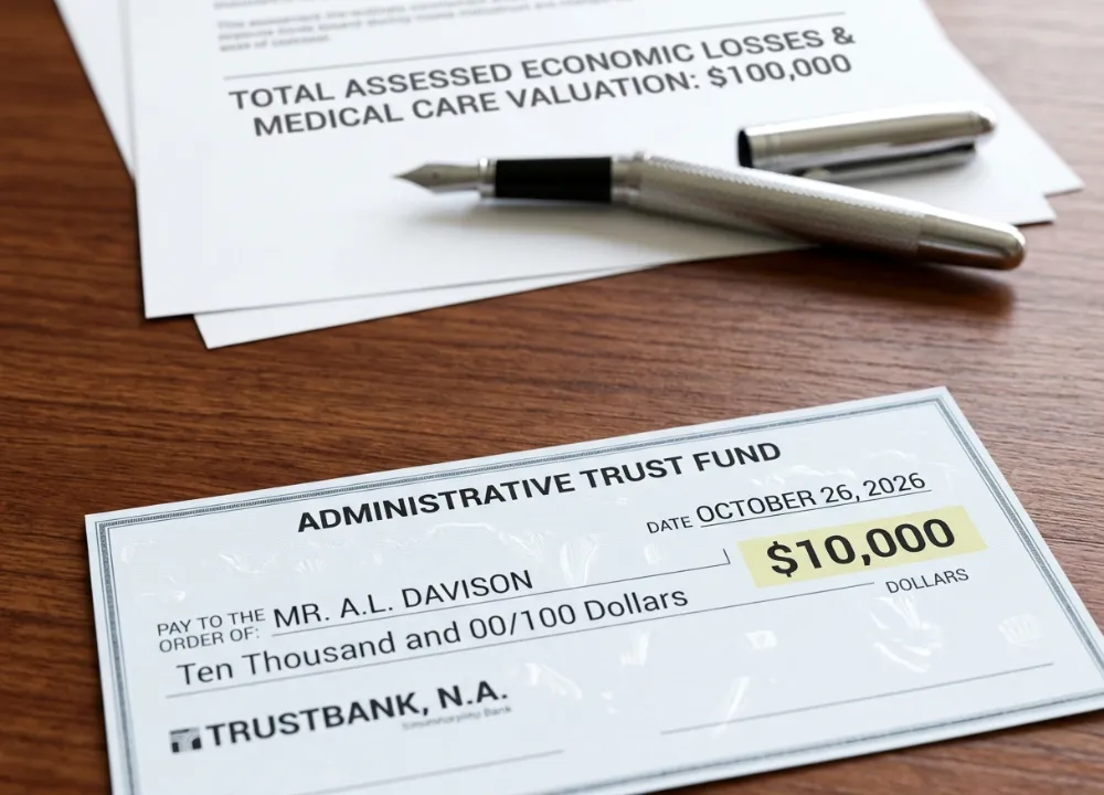 high-contrast photograph of an asbestos trust fund administrative payout check showing a restricted fractional amount next to total legal damage evaluations.