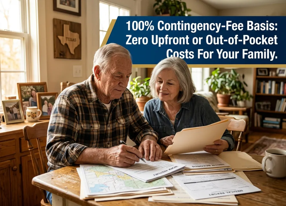 A warm, close-up photograph of an older retired Texas industrial worker and his wife sitting safely in their home, carefully reviewing documents like their "Work History," "Union Records," and a "Medical Report" at a wooden table flooded with natural light. A prominent Texas map decoration hangs on the wall behind them. Overlaying the upper section of the image is a sharp, navy blue and gold high-contrast banner that reads: "100% Contingency-Fee Basis: Zero Upfront or Out-of-Pocket Costs For Your Family."