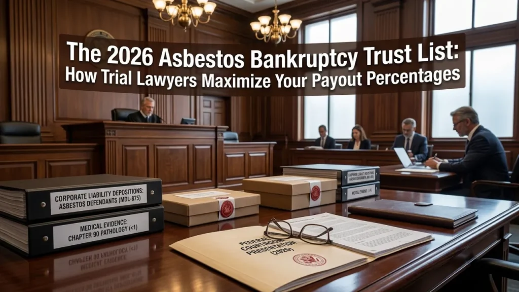 Federal courtroom desk with binders labeled 'Corporate Liability Depositions' and 'Medical Evidence: Chapter 90 Pathology' as a judge presides