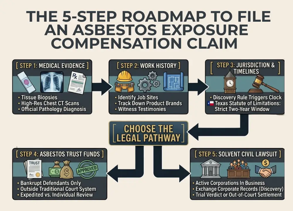 A comprehensive 5-step roadmap infographic outlining the legal options for mesothelioma claims, from medical diagnosis and work history reconstruction to navigating asbestos trust funds or filing a civil trial lawsuit.