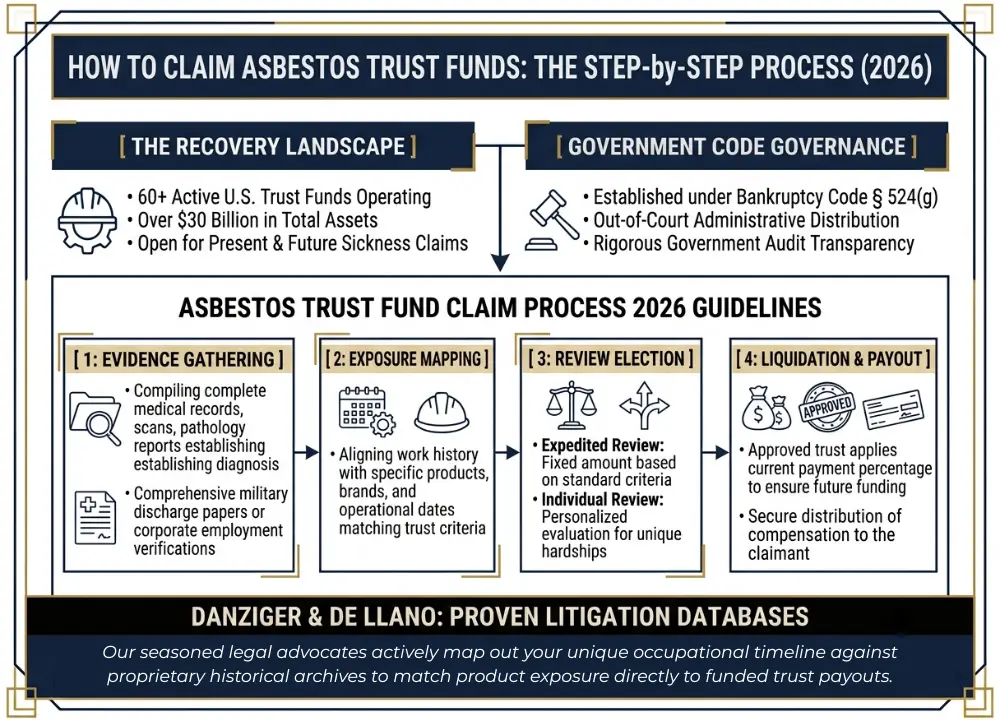 A 4-step flowchart tracking the asbestos trust fund claim process, from evidence gathering and exposure mapping to review election and final payout.