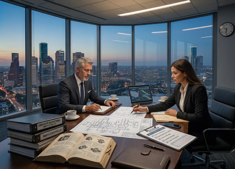 Hyperrealistic photograph of dedicated trial attorneys reviewing corporate liability archives and mechanical schematics at a law firm's main office table.