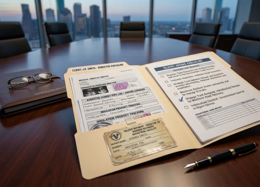 Macro photograph of an active legal file folder containing industrial work records, facility product logs, and customized bankruptcy trust review strategy plans.