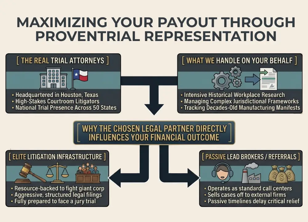 An infographic comparing an elite trial law firm's litigation infrastructure against passive lead brokers, outlining how tracking historical manifests maximizes asbestos claim payouts.