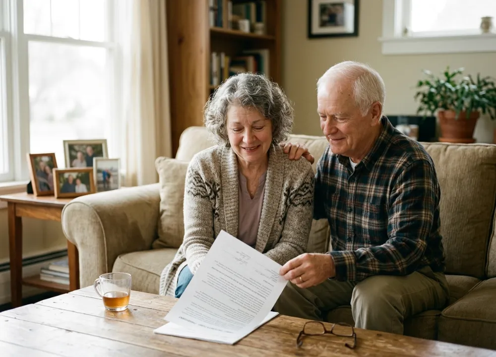 An older couple experiencing a sense of relief and financial security after a successful mesothelioma lawsuit recovery.