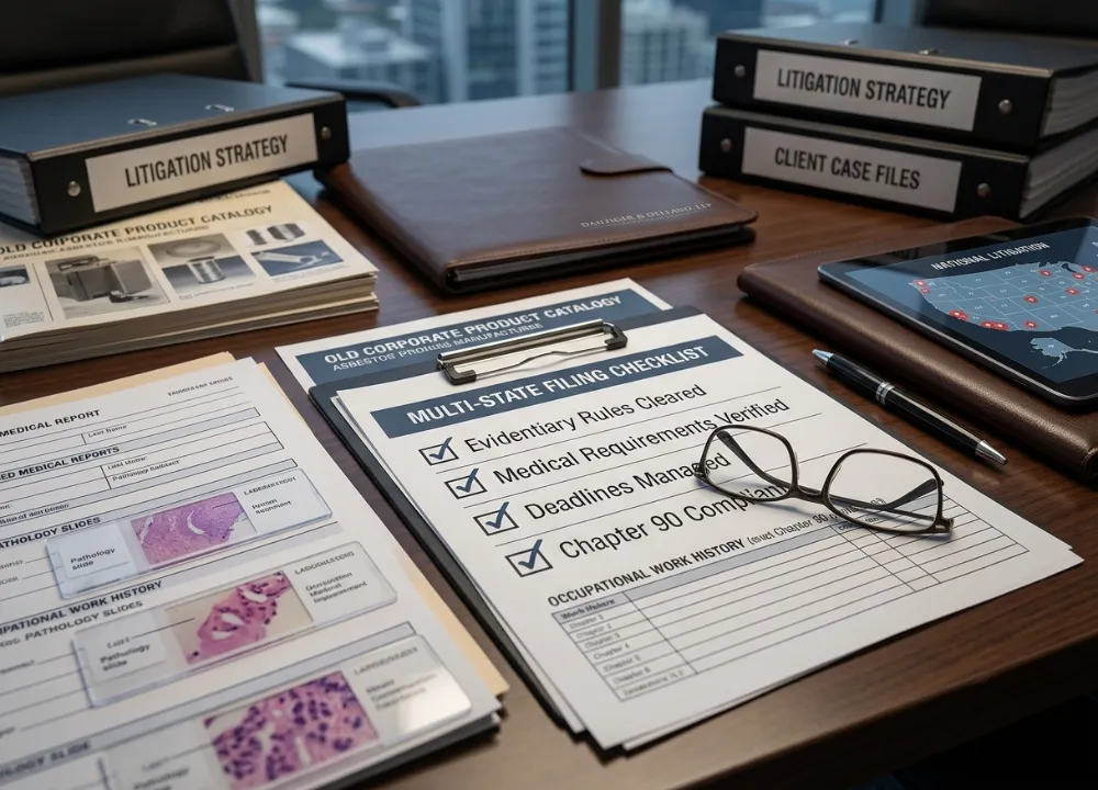 The 2026 Asbestos Bankruptcy Trust List: How Trial Lawyers Maximize Your Payout Percentages 2 Detailed close-up photograph of medical diagnostic records, employment histories, and court filing checklists organized neatly on a defense-ready trial attorney's desk.