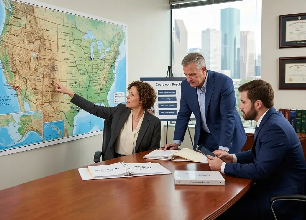 Three professional attorneys collaborating over case strategy documents around a conference table in front of a large map of the United States, with the Houston city skyline visible through the window.