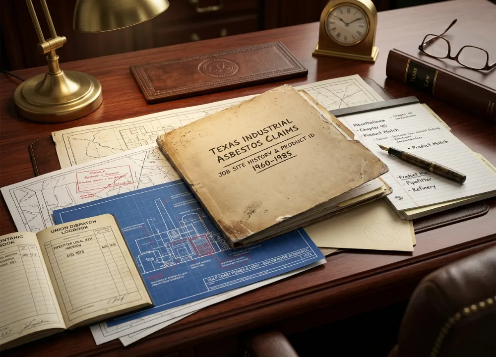 A detailed overhead view of an elite trial lawyer's mahogany desk covered with vintage Texas industrial asbestos claim files, site blueprints, and a union logbook.