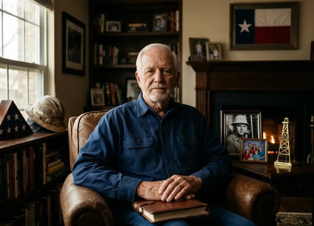 A deeply respectful portrait of an elderly, dignified Texas industrial worker sitting in his living room, surrounded by his legacy and family photographs.