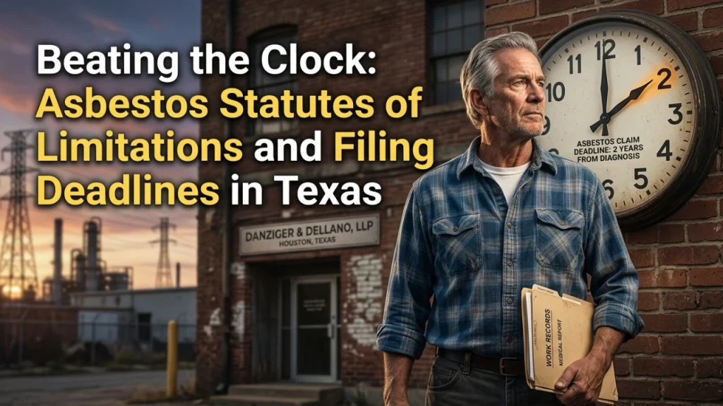 Older worker holding documents beside a wall clock marking a 2-year asbestos claim filing deadline in Texas