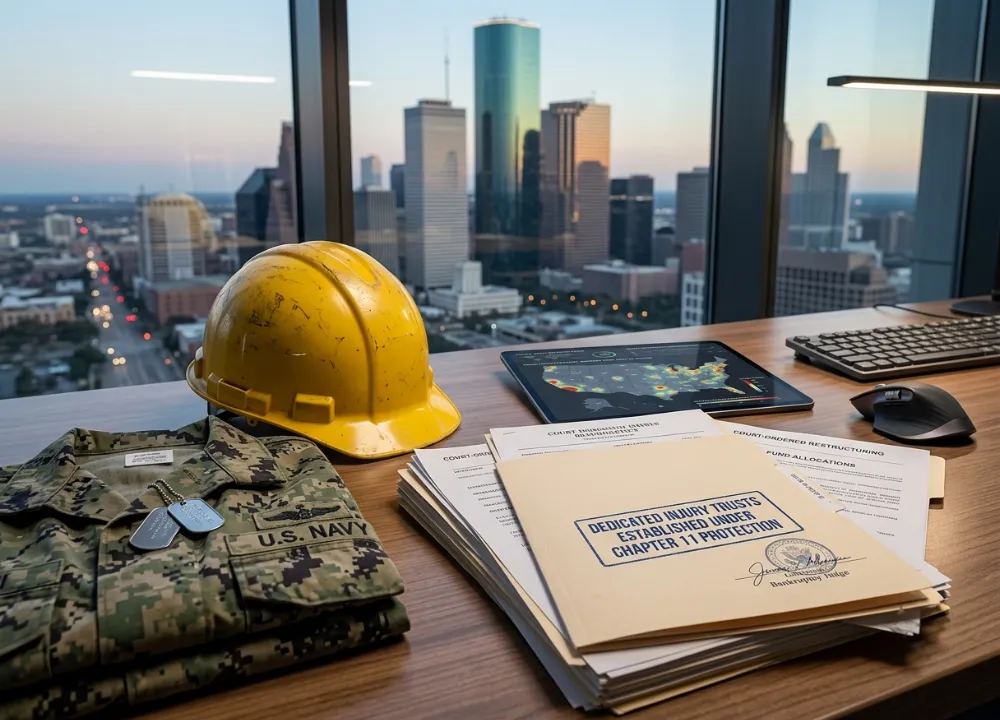 The 2026 Asbestos Bankruptcy Trust List: How Trial Lawyers Maximize Your Payout Percentages 1 Close-up photograph of a tradesperson's hardhat and military documents alongside structured legal filing paperwork for Chapter 11 corporate asbestos bankruptcy injury trusts.