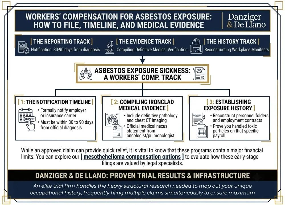 An informational chart outlining the notification timeline, medical evidence requirements, and exposure history needed to file a workers' compensation claim for asbestos exposure.