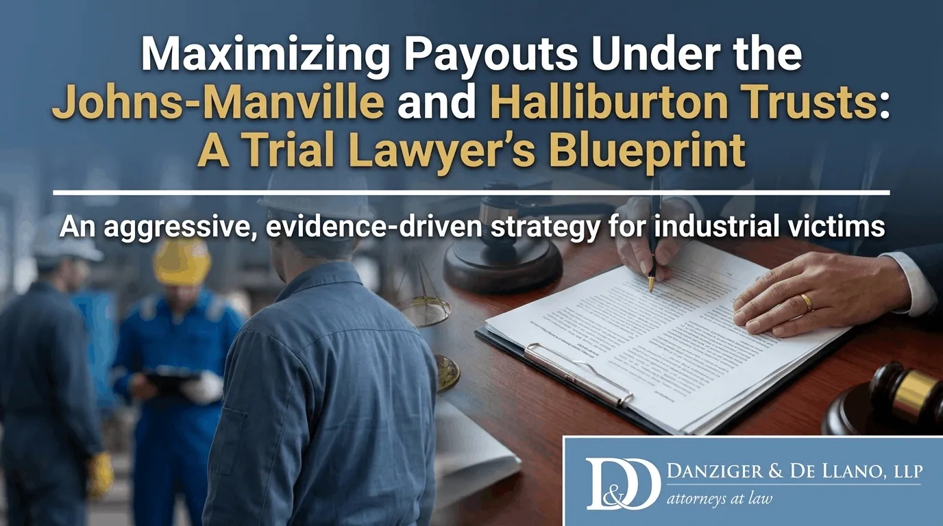 Maximizing Payouts Under the Johns-Manville and Halliburton Trusts: A Trial Lawyer's Blueprint 1 Authoritative infographic banner from Danziger & DeLlano, LLP (Texas Meso Lawyers), outlining a strategic legal blueprint for maximizing compensation payouts for industrial victims and veterans from the Johns-Manville and Halliburton Asbestos Trusts.