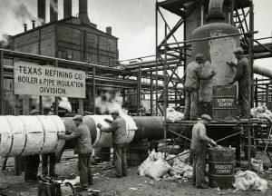 Maximizing Payouts Under the Johns-Manville and Halliburton Trusts: A Trial Lawyer's Blueprint 2 Historical industrial pipefitters installing thermal asbestos insulation at a Texas Gulf Coast oil refinery