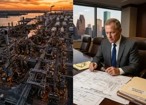 Texas refinery mesothelioma lawyer reviewing industrial plant blueprints and asbestos exposure records for oil refinery workers.