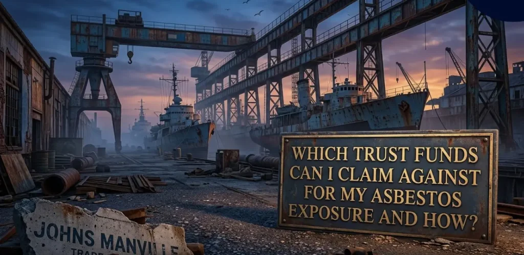 Rusted shipyard scene with ships and a broken Johns Manville slab, beside text asking which trust funds cover asbestos exposure claims