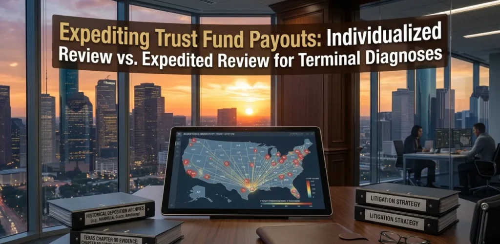 An elite corporate law office in Houston showing litigation binders and digital maps outlining a concurrent nationwide filing strategy across multiple asbestos bankruptcy trust funds.
