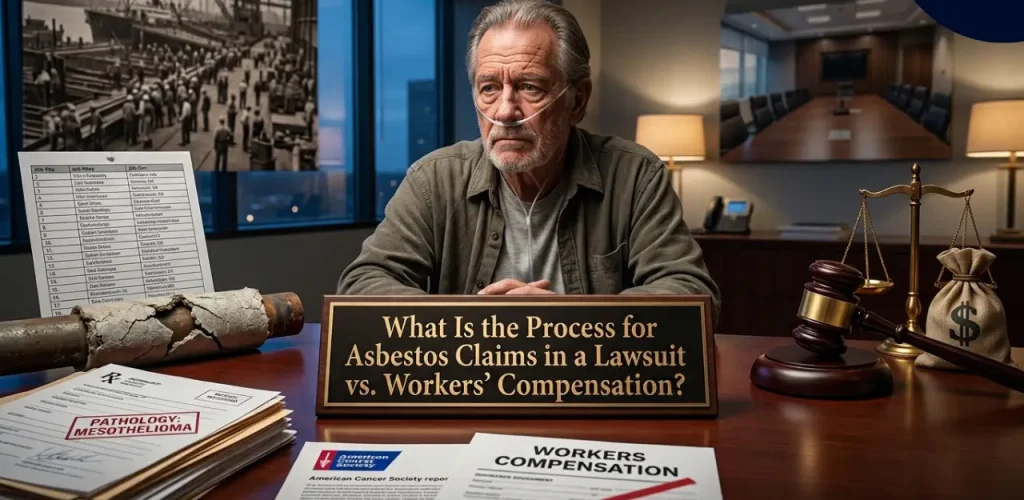 Man with an oxygen tube at a desk with legal and medical paperwork, beside a sign asking about asbestos claims: lawsuit vs. workers' compensation