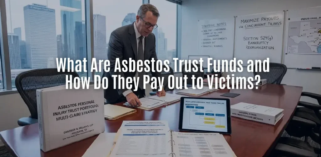 An elite trial attorney reviewing an asbestos personal injury trust portfolio and concurrent filing matrix strategies in a modern Houston law office overlooking a blurred city skyline.