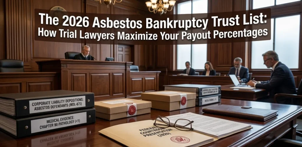 Federal courtroom desk with binders labeled 'Corporate Liability Depositions' and 'Medical Evidence: Chapter 90 Pathology' as a judge presides
