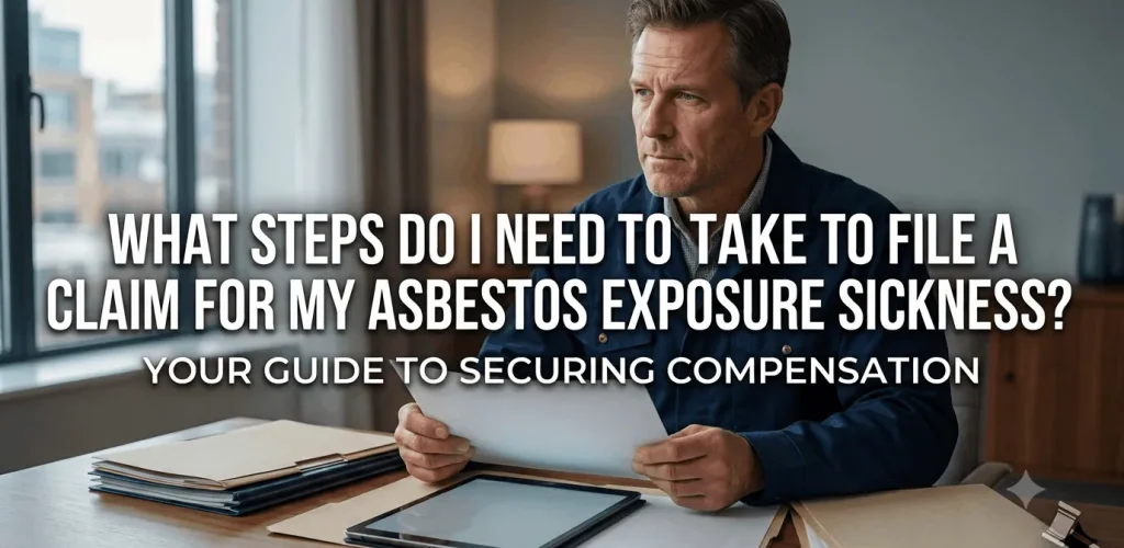 A male worker thoughtfully reviewing medical diagnostic and case files to initiate an asbestos exposure claim with a trial law firm.