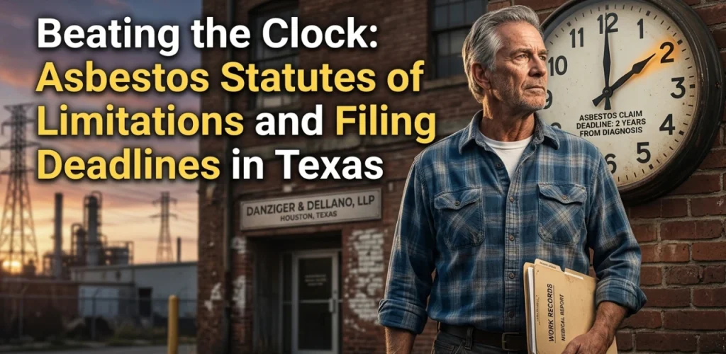 Older worker holding documents beside a wall clock marking a 2-year asbestos claim filing deadline in Texas